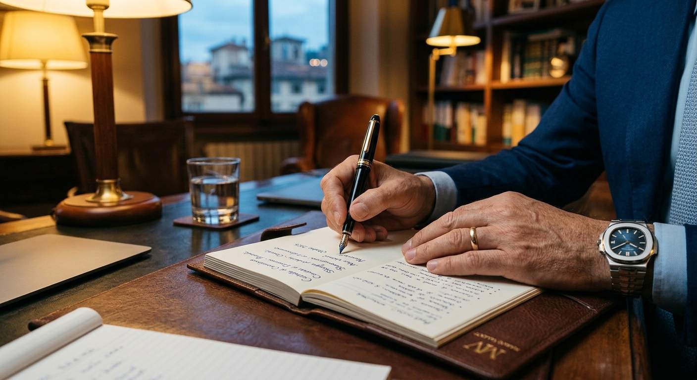 Mani di un professionista che annotano il protocollo D.I.G.A. su un taccuino per gestire i flussi di lavoro